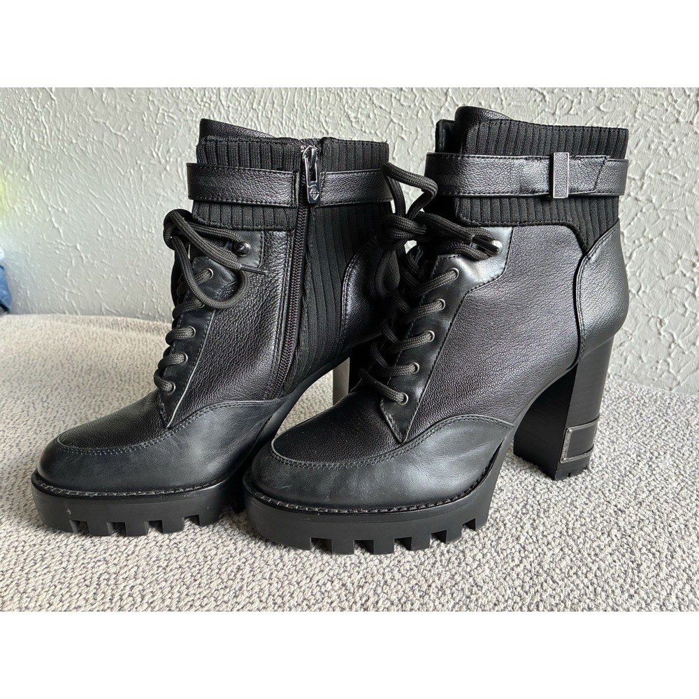Antonio Melani Perline Black Leather Lace-Up Lug Heel Booties 8.5M